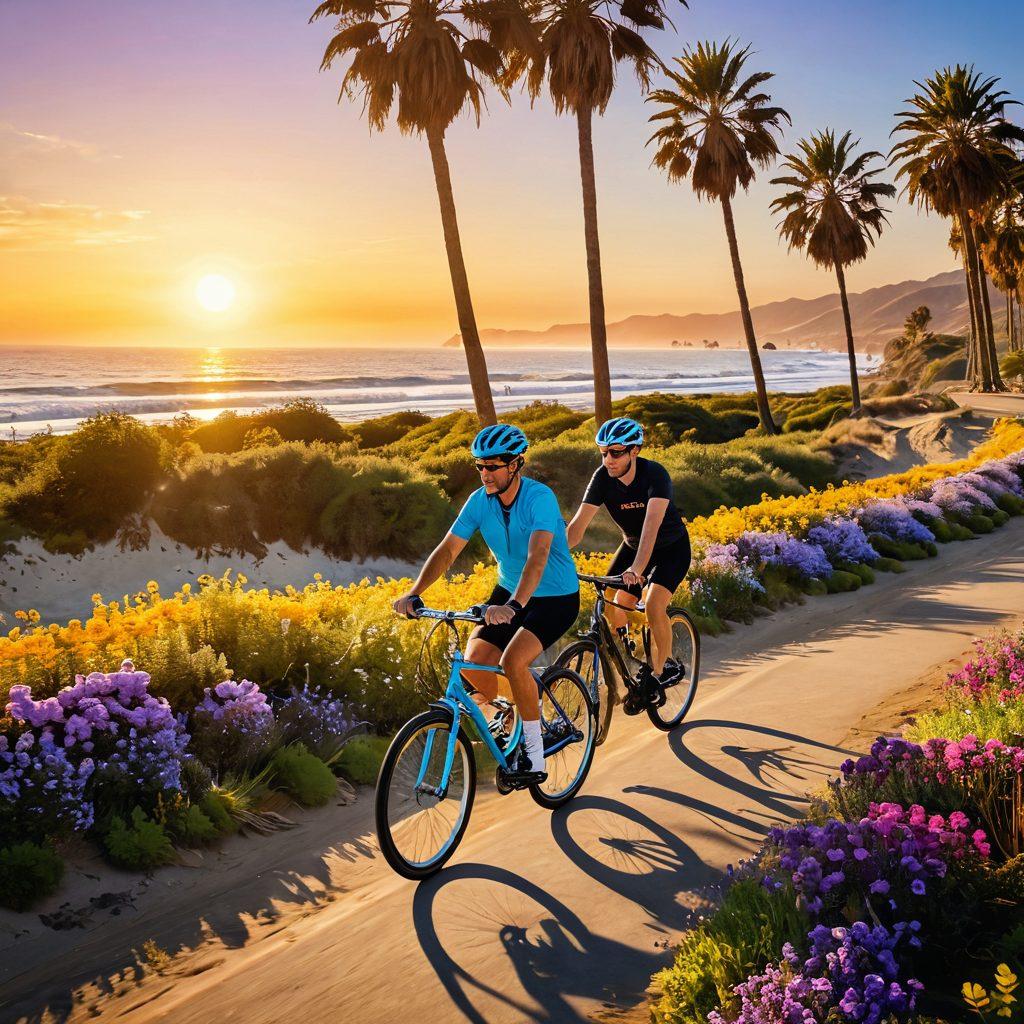A scenic view of two cyclists riding tandem along a sunlit coastal biking trail in California, surrounded by vibrant wildflowers and palm trees. The sun sets in the background, casting a warm golden hue over the landscape, adding a romantic vibe. Include a heart-shaped bike path and whimsical elements like playful sea otters and colorful beach umbrellas. super-realistic. vibrant colors. 3D.