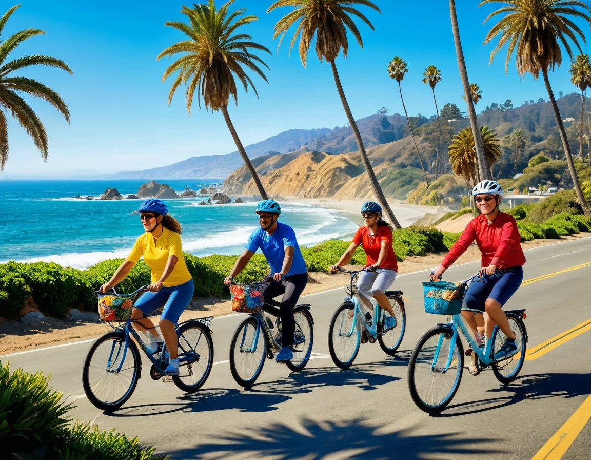A vibrant scene depicting a diverse group of cyclists enjoying a sunny day along California's scenic coastline, with palm trees and ocean waves in the background. Incorporate a sense of community and joy with couples riding tandem bikes, children on small bicycles, and groups laughing together. Add colorful cycling gear and helmets, showcasing the spirit of adventure and love. Bright, sunny weather to evoke warmth and excitement. super-realistic. vibrant colors. 3D.