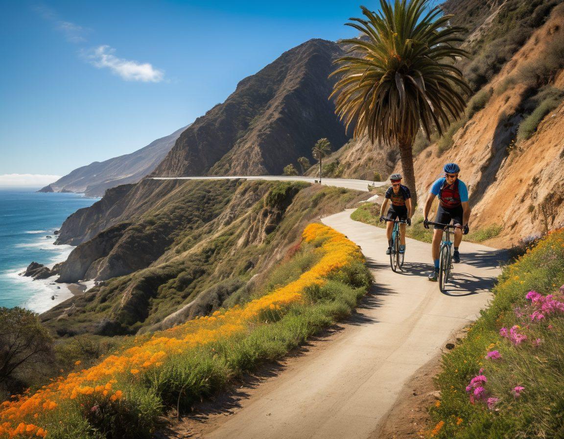 A stunning split-scene showcasing California's diverse cycling culture, featuring a cyclist ascending a rugged mountain trail with breathtaking vistas and another cyclist cruising along a scenic coastal road with waves crashing nearby. The image should capture the thrill of biking in both terrains, with vibrant wildflowers in the mountains and palm trees by the coast. Include a bright blue sky and sunny weather to evoke an active lifestyle. super-realistic. vibrant colors.